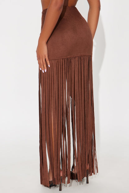 On The Fringe Faux Suede Maxi Skirt - Brown