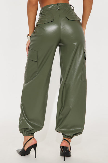 Velma Faux Leather Jogger Pants 29″ - Olive