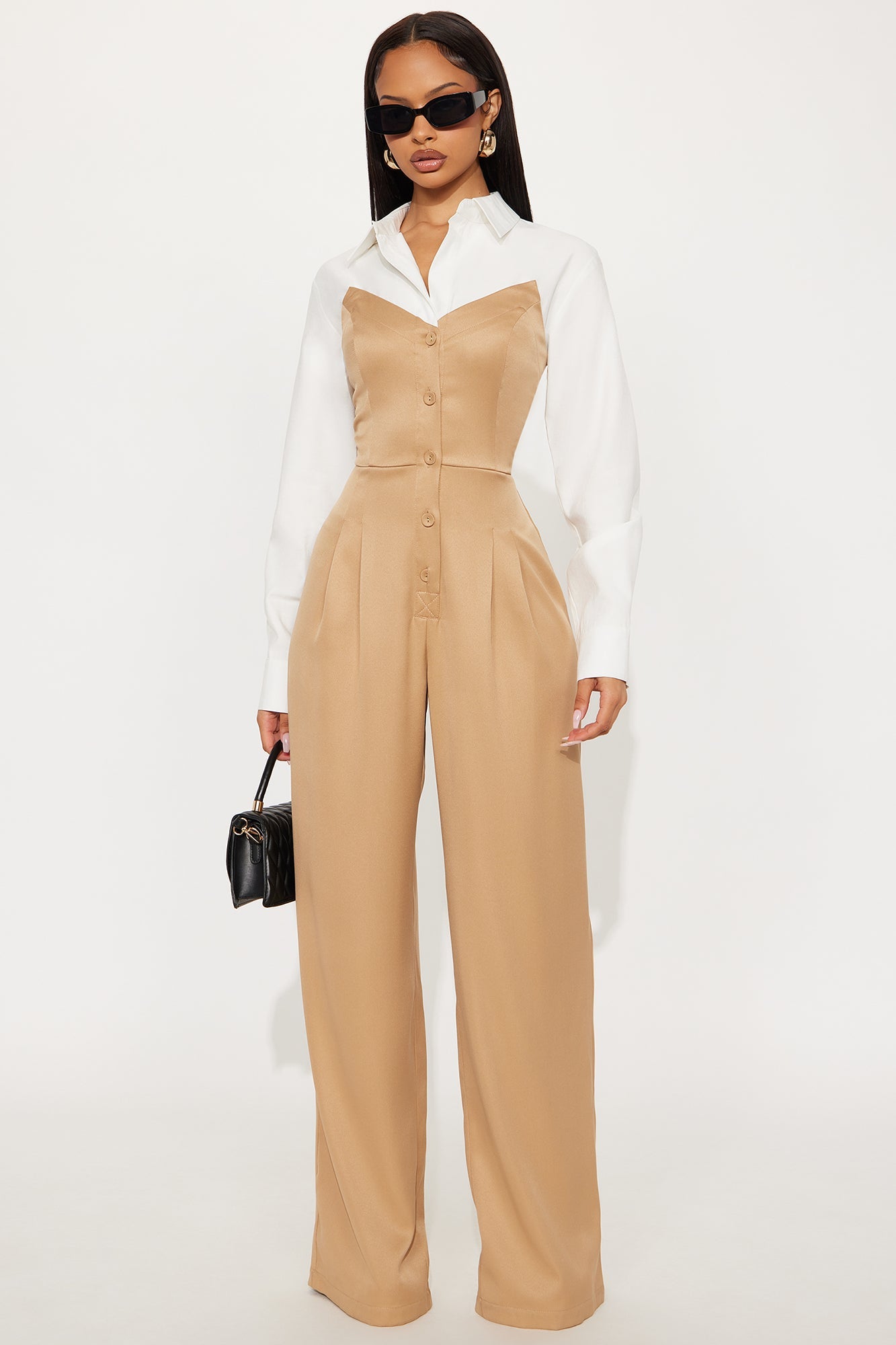 Monday Meeting Long Sleeve Jumpsuit - Tan/Multi