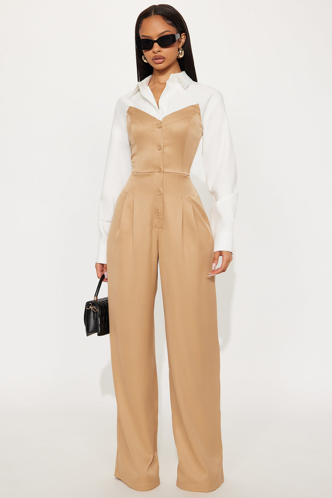 Monday Meeting Long Sleeve Jumpsuit - Tan/Multi