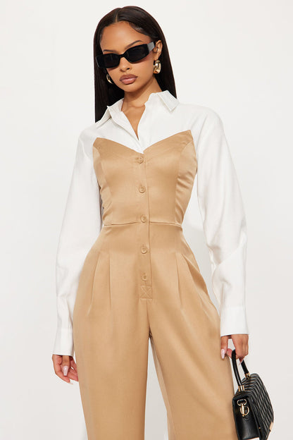 Monday Meeting Long Sleeve Jumpsuit - Tan/Multi