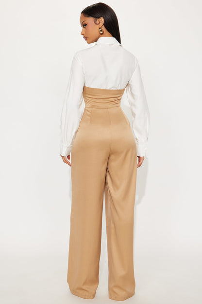 Monday Meeting Long Sleeve Jumpsuit - Tan/Multi