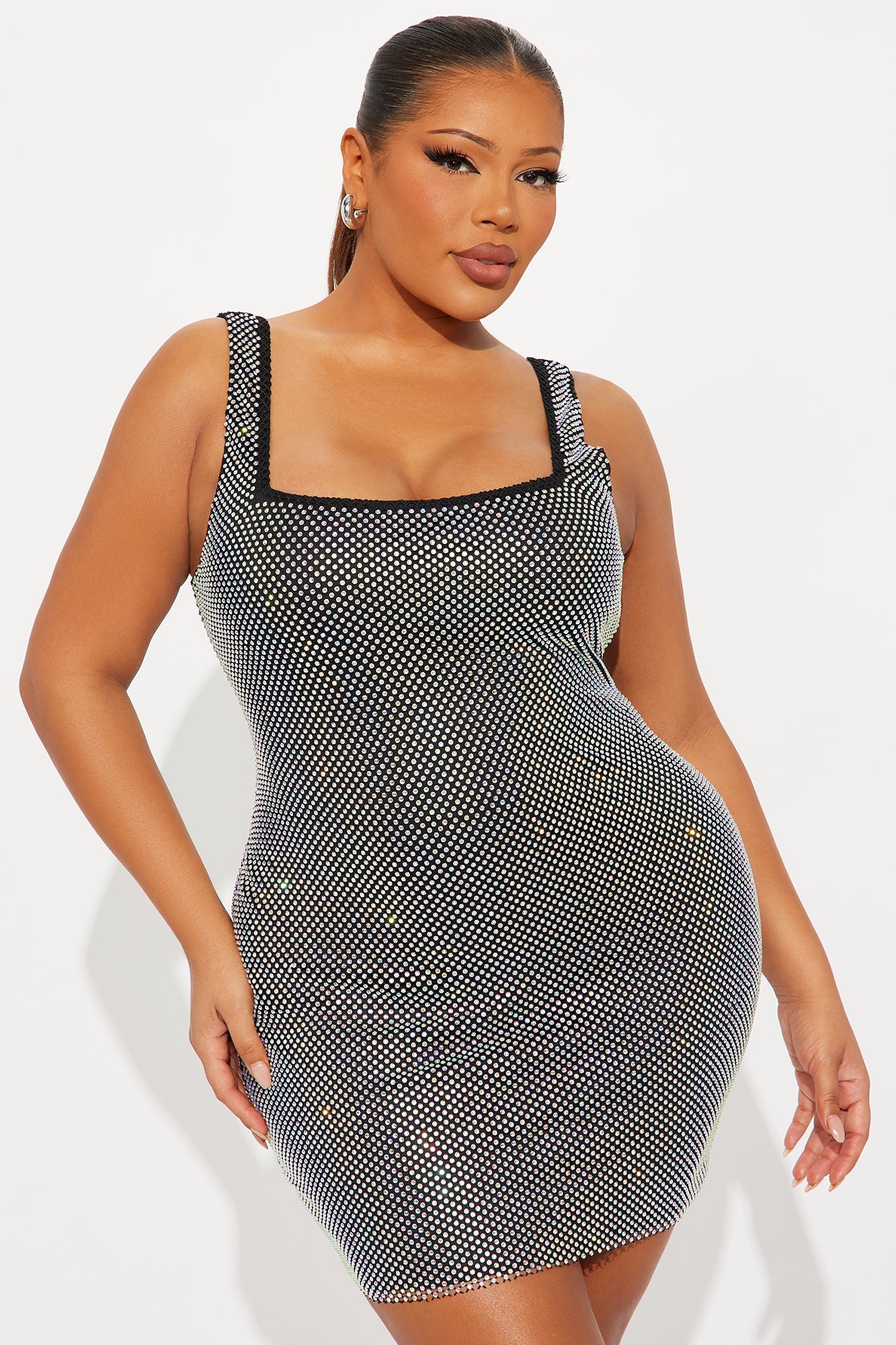 Shine Behavior Rhinestone Fishnet Mini Dress - Black