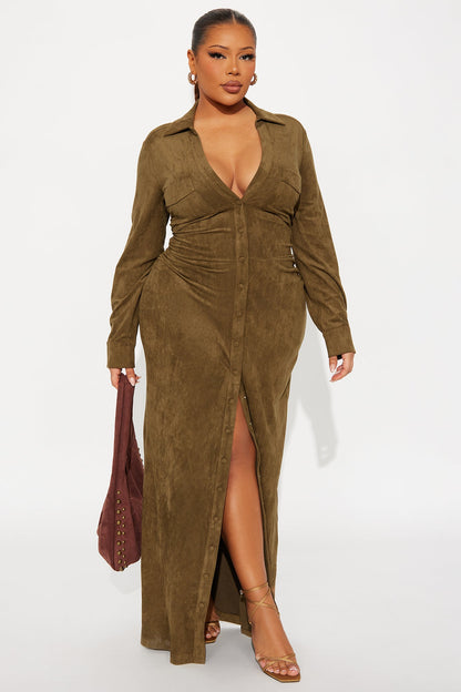 Noelle Suede Maxi Shirt Dress - Olive