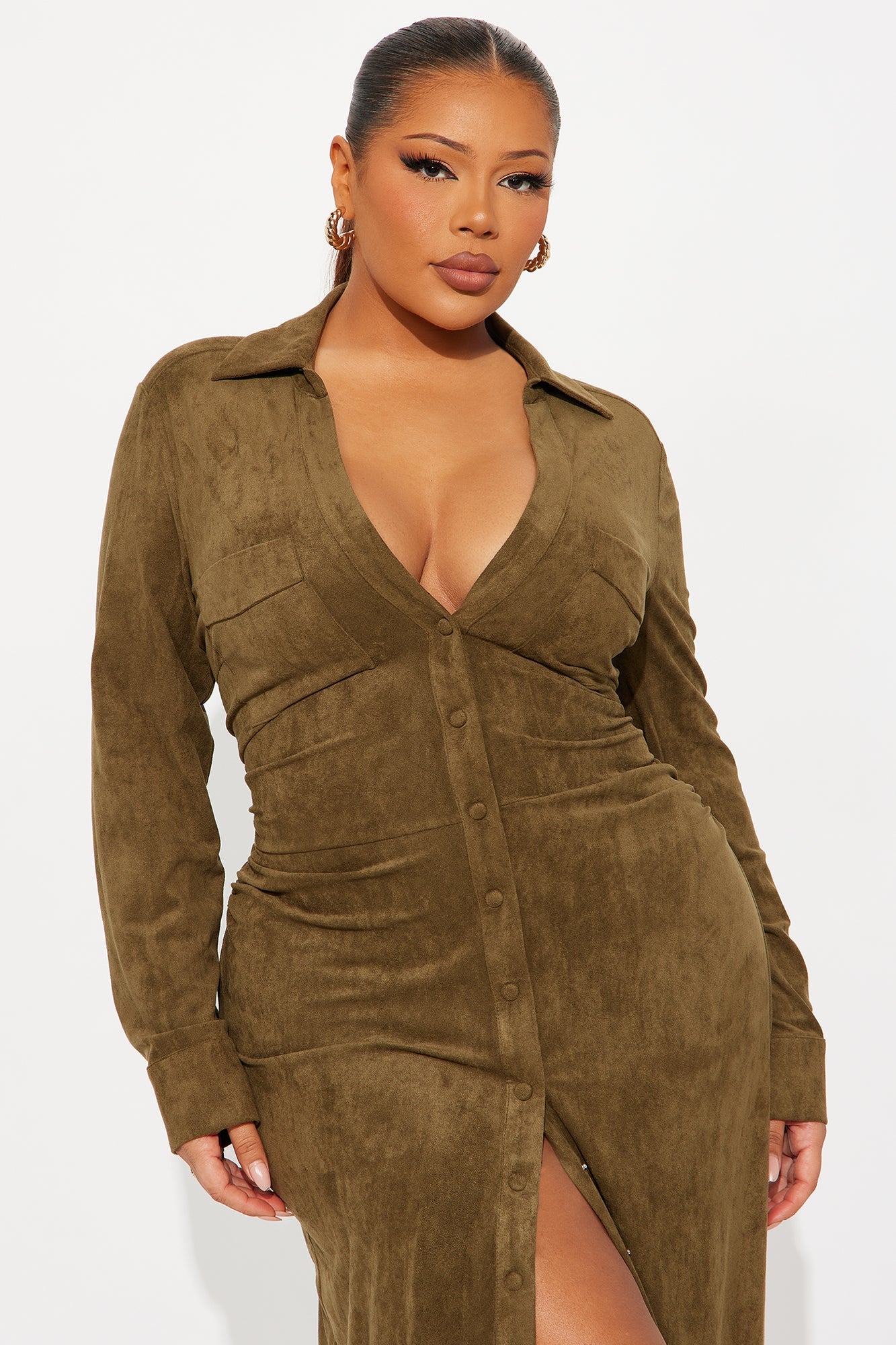 Noelle Suede Maxi Shirt Dress - Olive