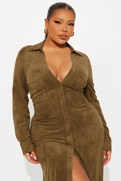 Noelle Suede Maxi Shirt Dress - Olive