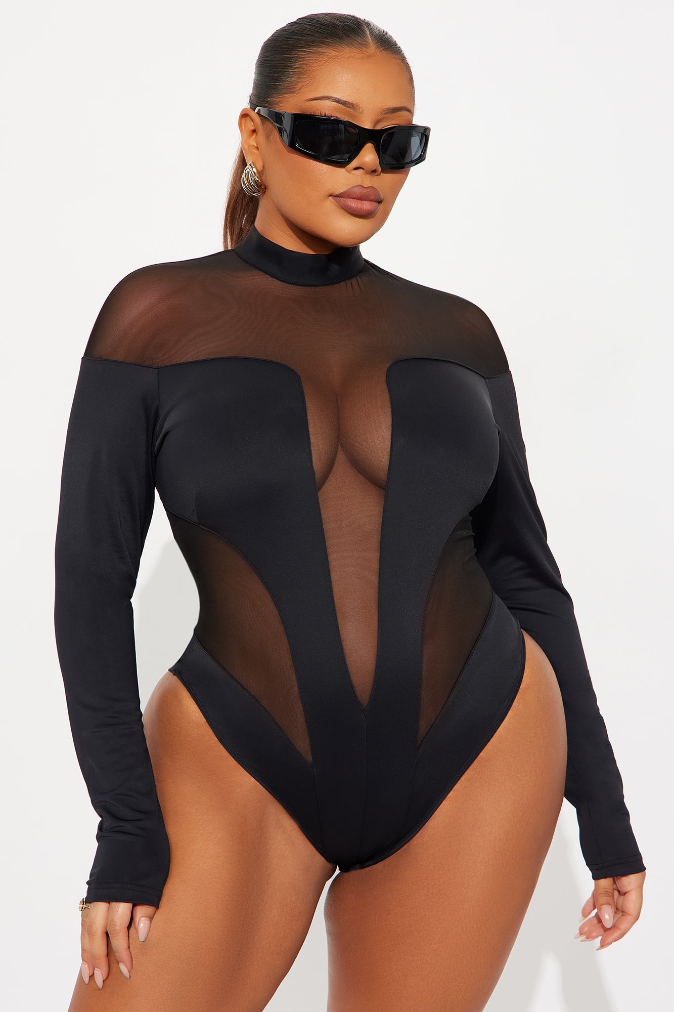 Zuri Mesh Cut Out Long Sleeve Bodysuit - Black
