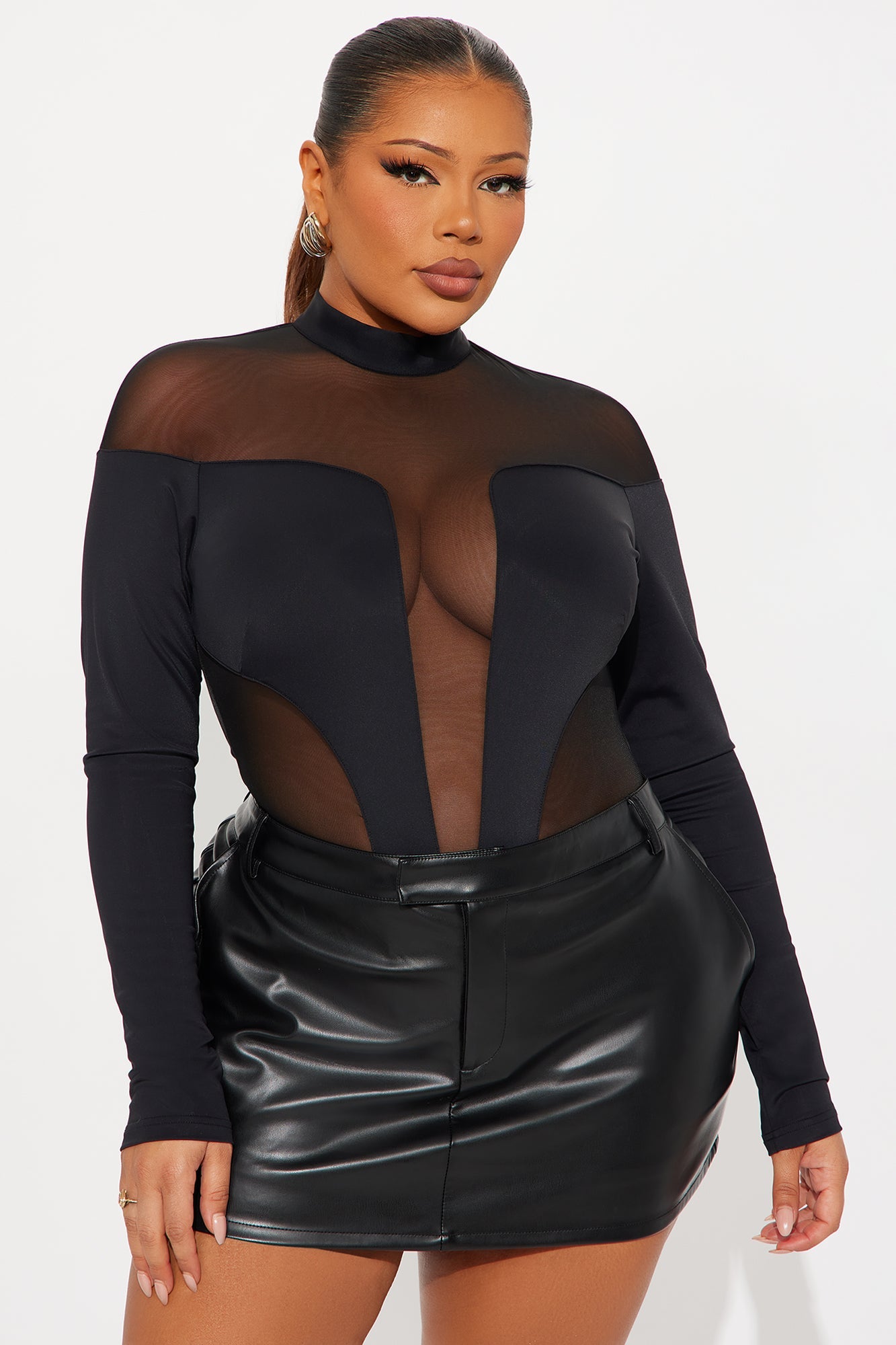 Zuri Mesh Cut Out Long Sleeve Bodysuit - Black
