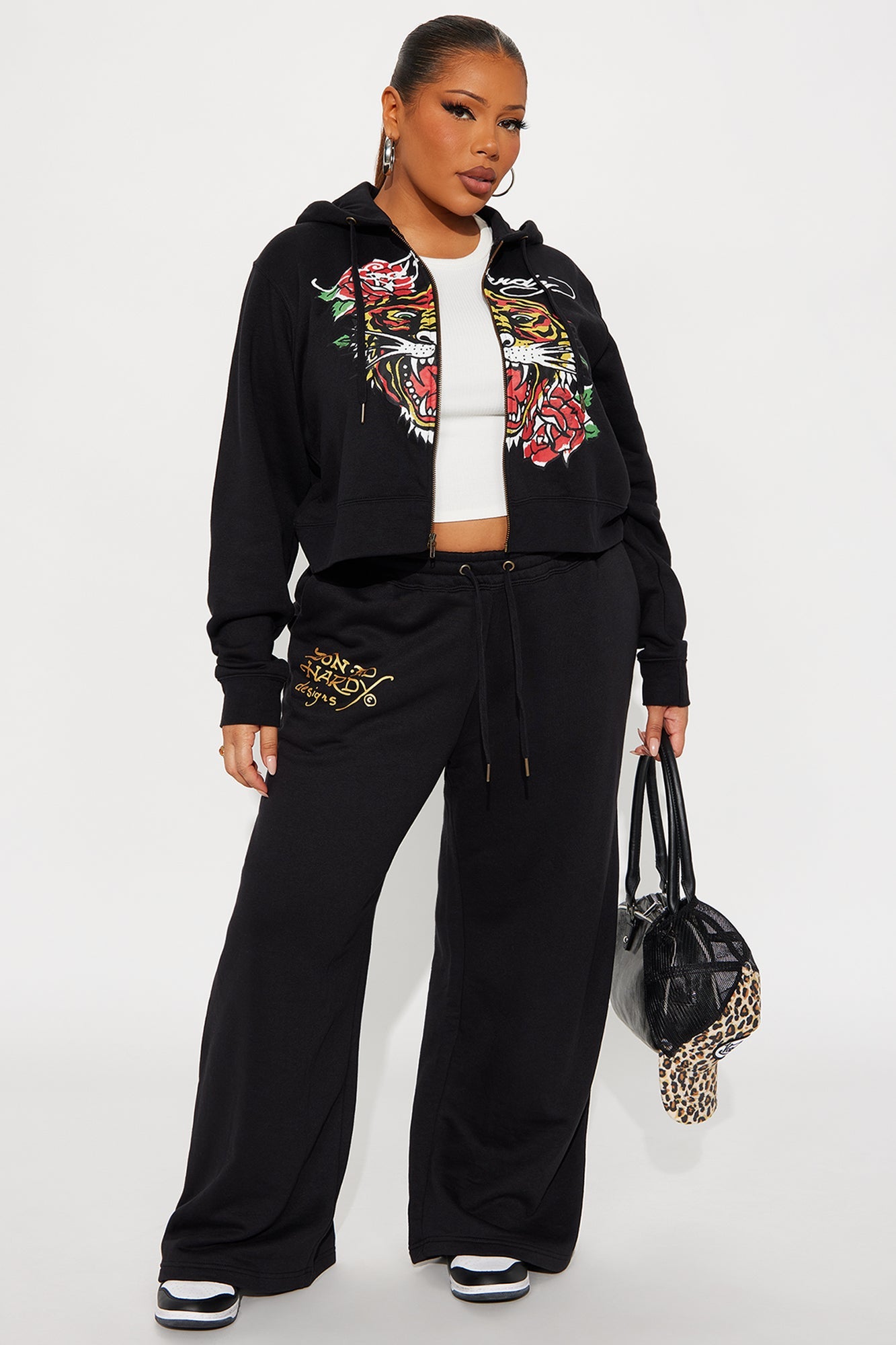 Ed Hardy Retro Tiger Zip Front Hoodie - Black