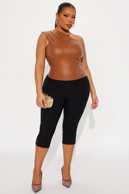 Lesson Learned High Neck Faux Leather Top - Mocha