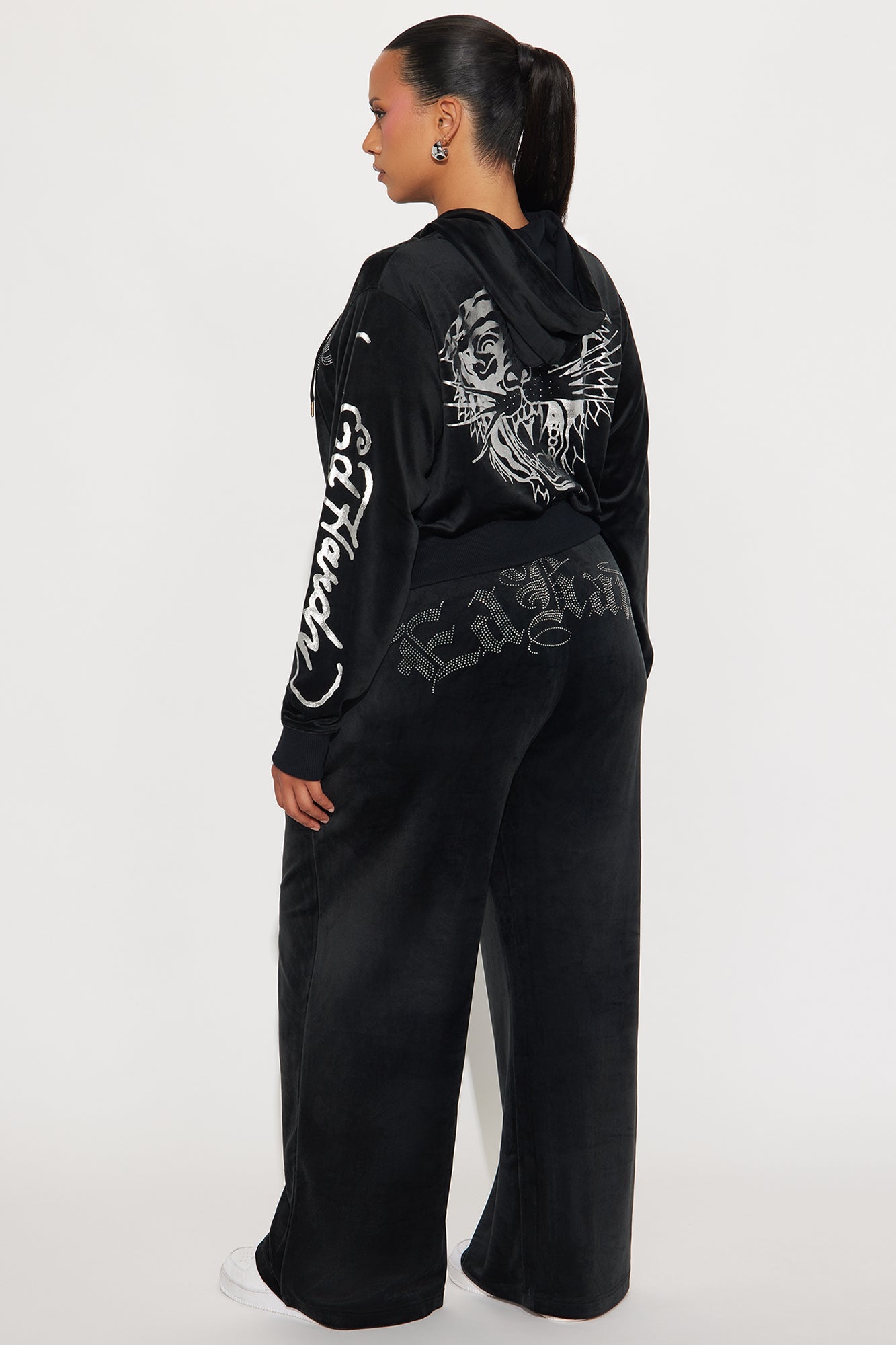 Ed Hardy Silver Tiger Velour Pant Set - Black