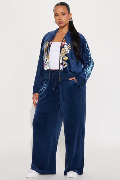 Ed Hardy NY Skull City Velour Pant Set - Navy