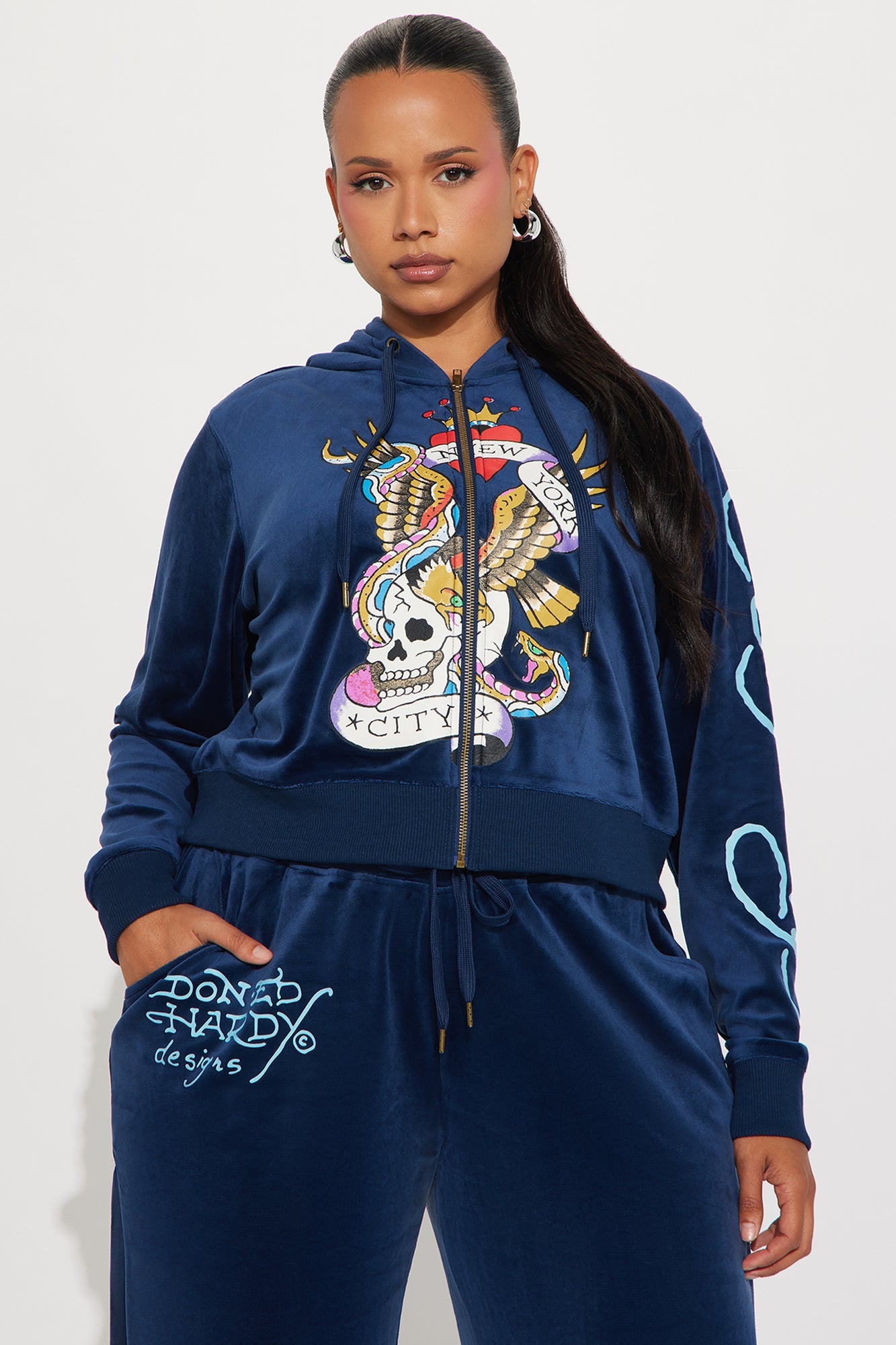 Ed Hardy NY Skull City Velour Pant Set - Navy