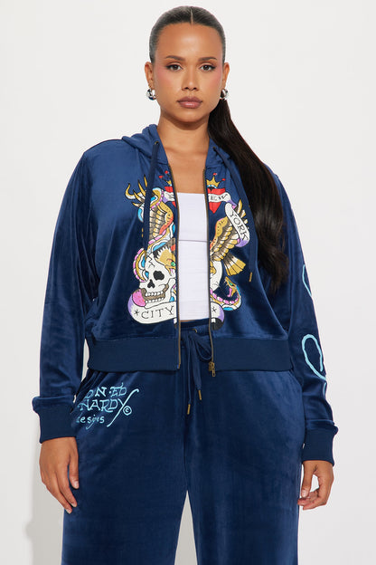 Ed Hardy NY Skull City Velour Pant Set - Navy