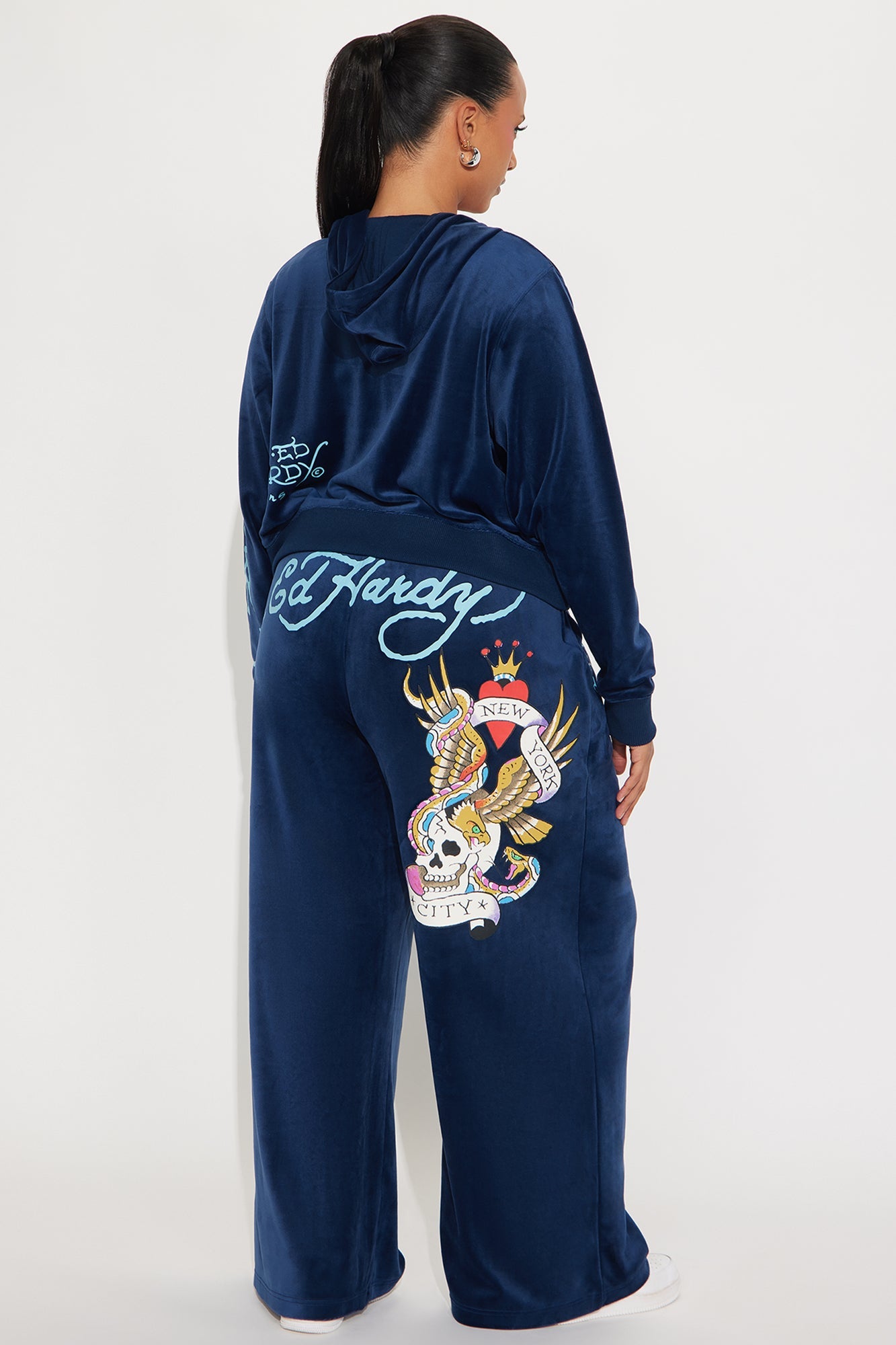 Ed Hardy NY Skull City Velour Pant Set - Navy