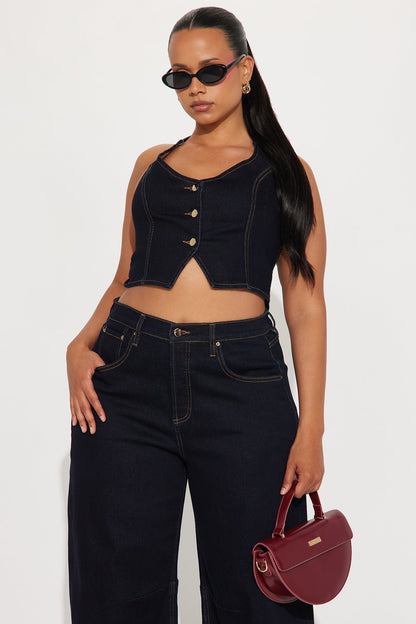 Clarissa Denim Vest And Barrel Jeans Set - Dark Wash