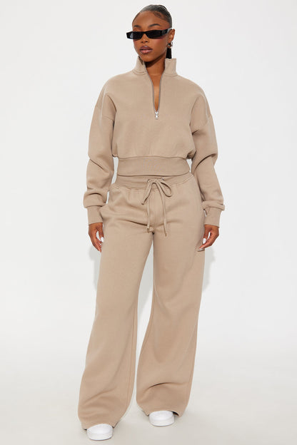Chill In Style Quarter Zip Pant Set - Taupe