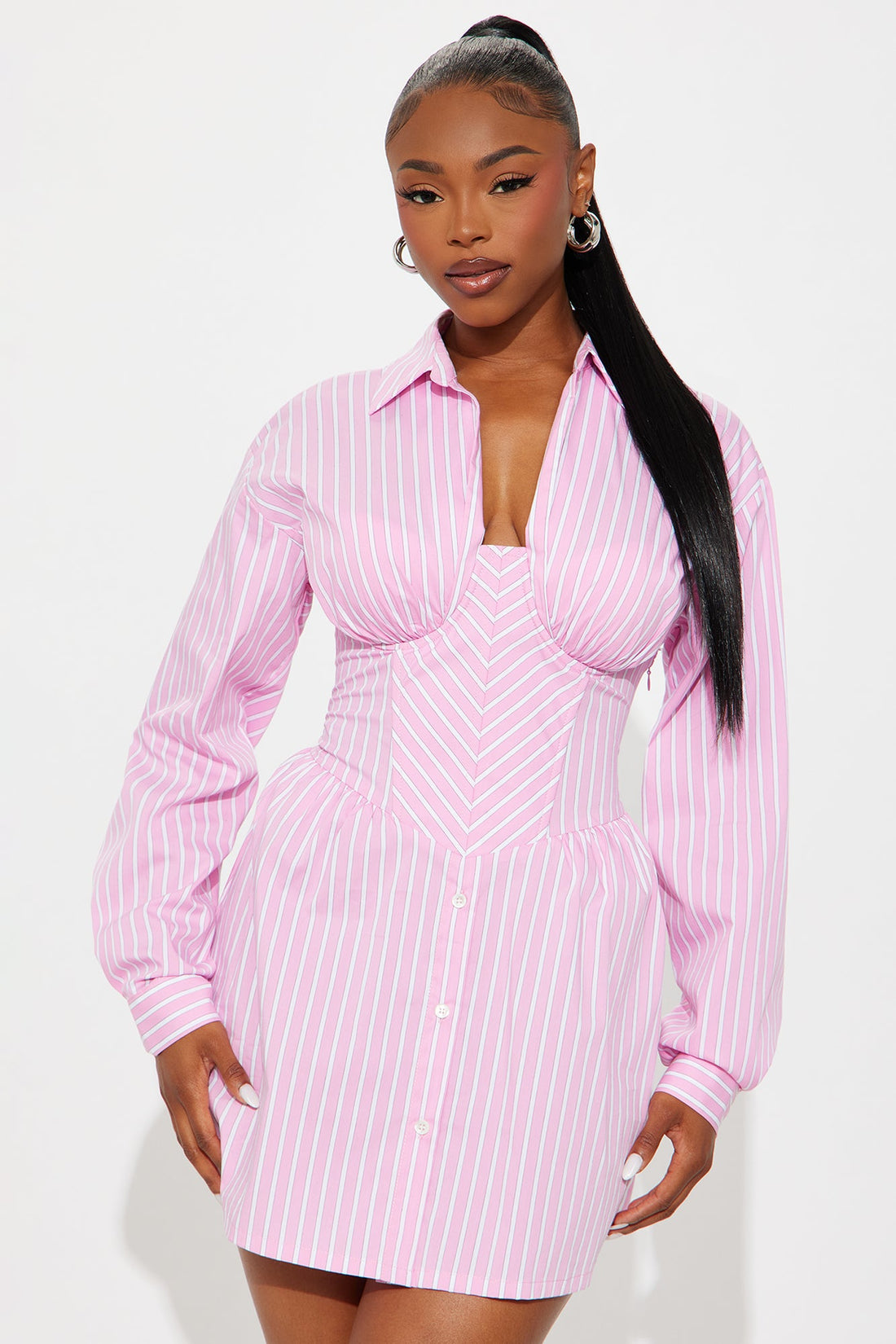 Carly Collar Pinstripe Shirt Mini Dress - Pink