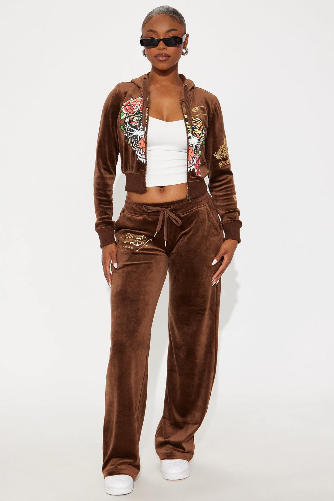 Ed Hardy Tiger Retro Velour Pant Set - Chocolate