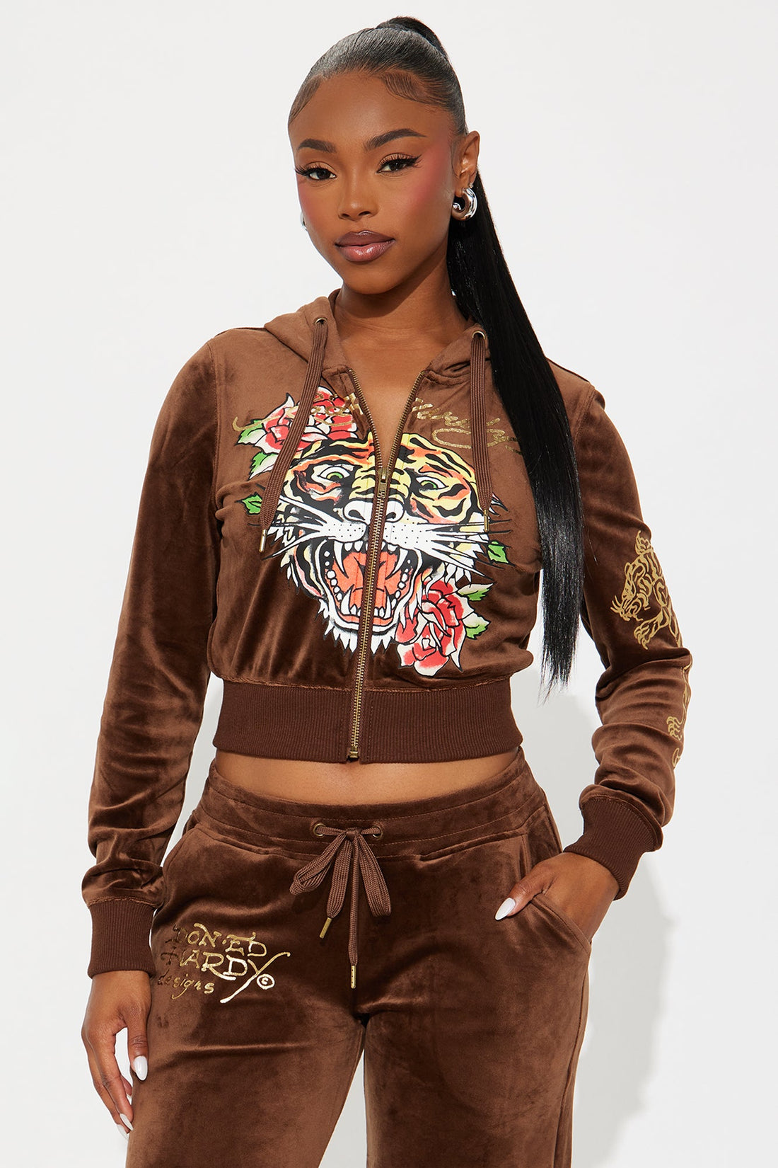 Ed Hardy Tiger Retro Velour Pant Set - Chocolate