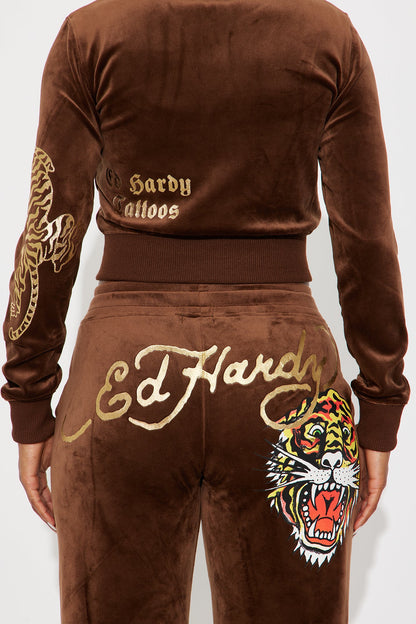 Ed Hardy Tiger Retro Velour Pant Set - Chocolate