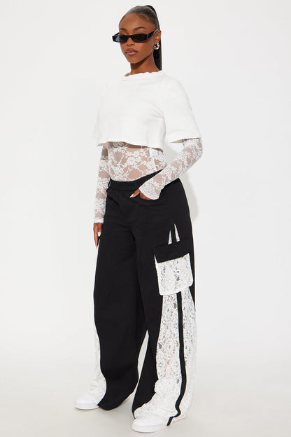 Willow Wide Leg Lace Track Pant 33″ - Black