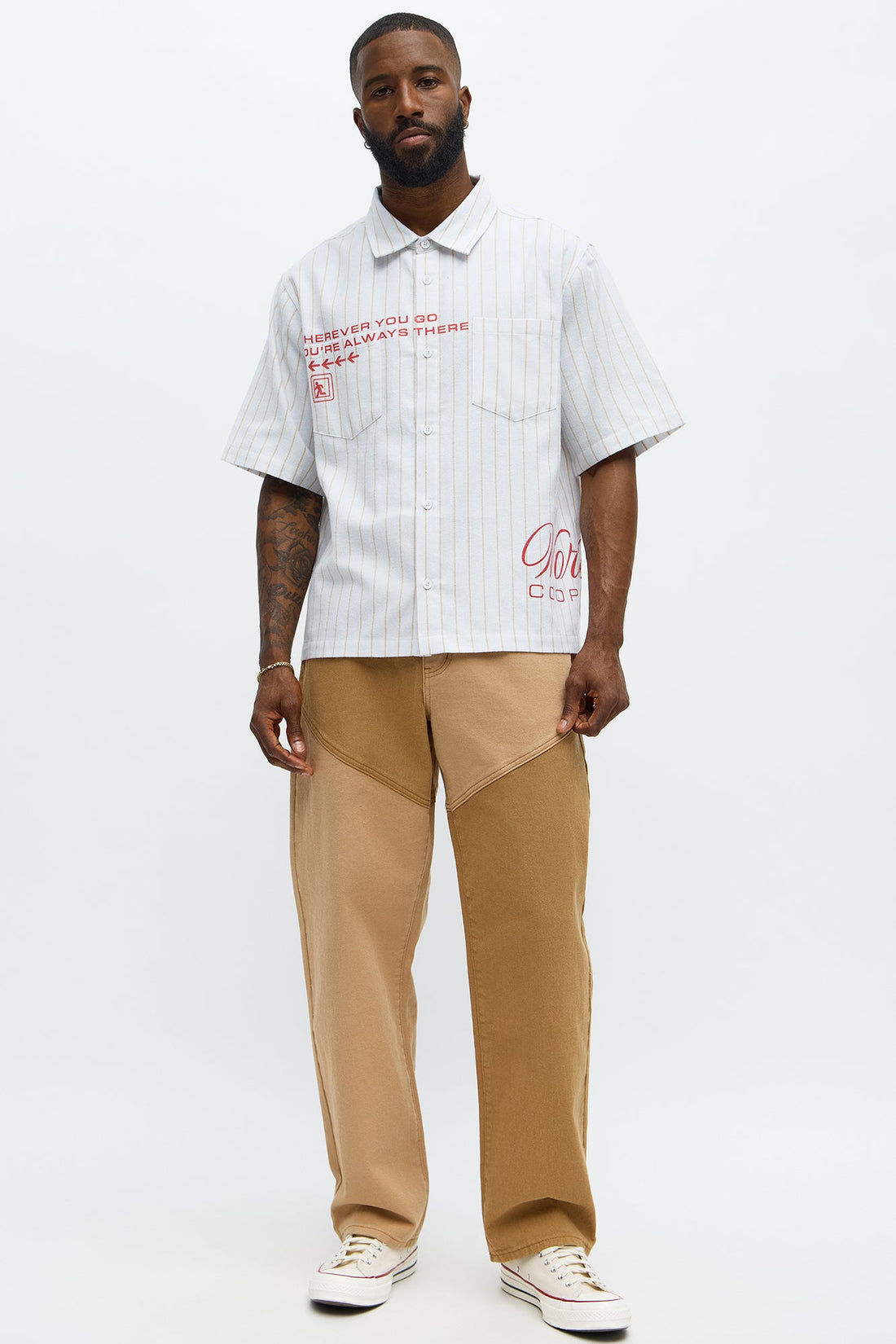 Worldwide Striped Cropped Button Up Shirt - White