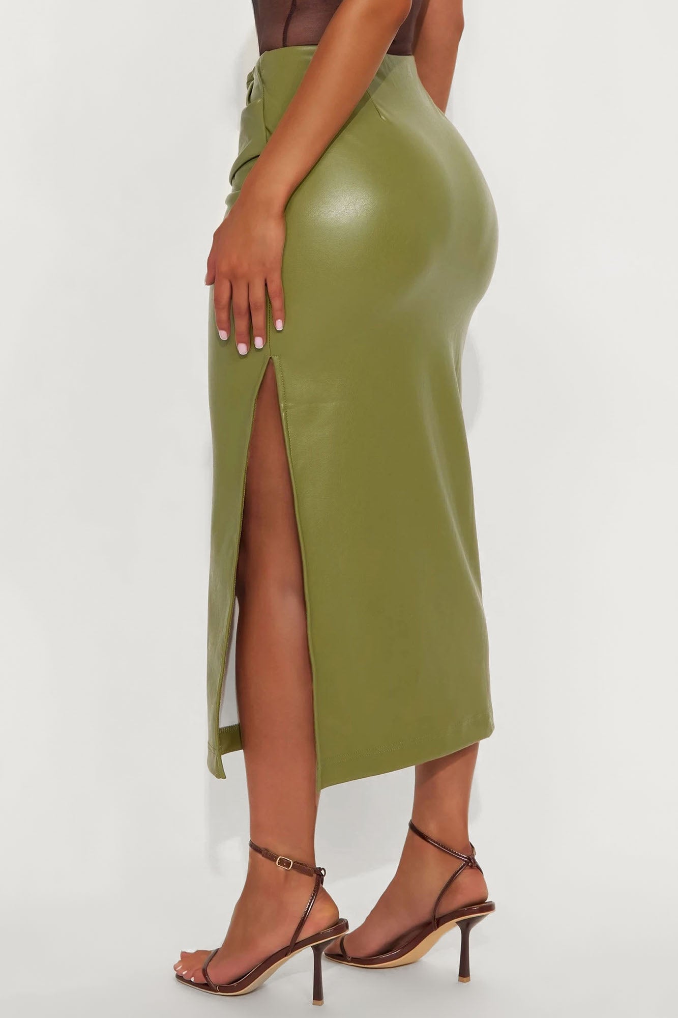 By The Corner Faux Leather Midi Skirt - Olive