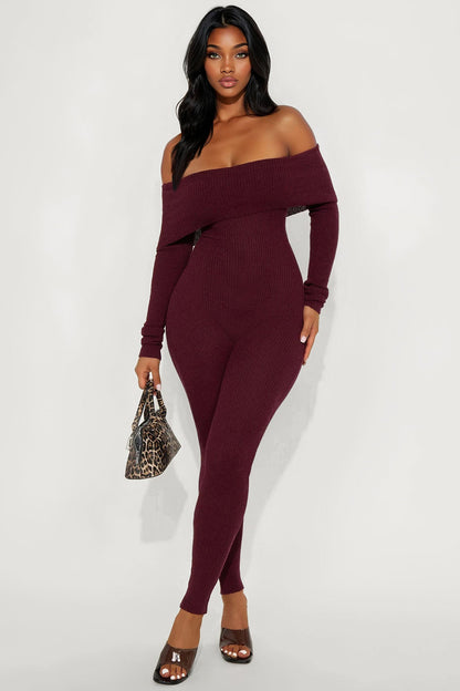 Just For Me Sweater Off Shoulder Skinny Leg Jumpsuit - Wine
