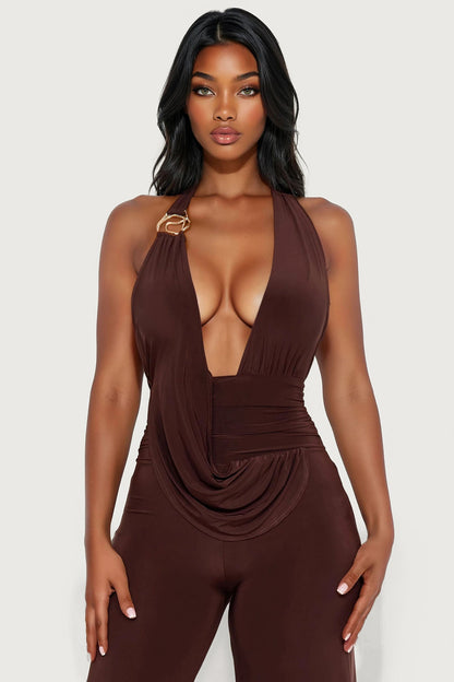 Love Me Harder Halter Wide Leg Jumpsuit - Chocolate