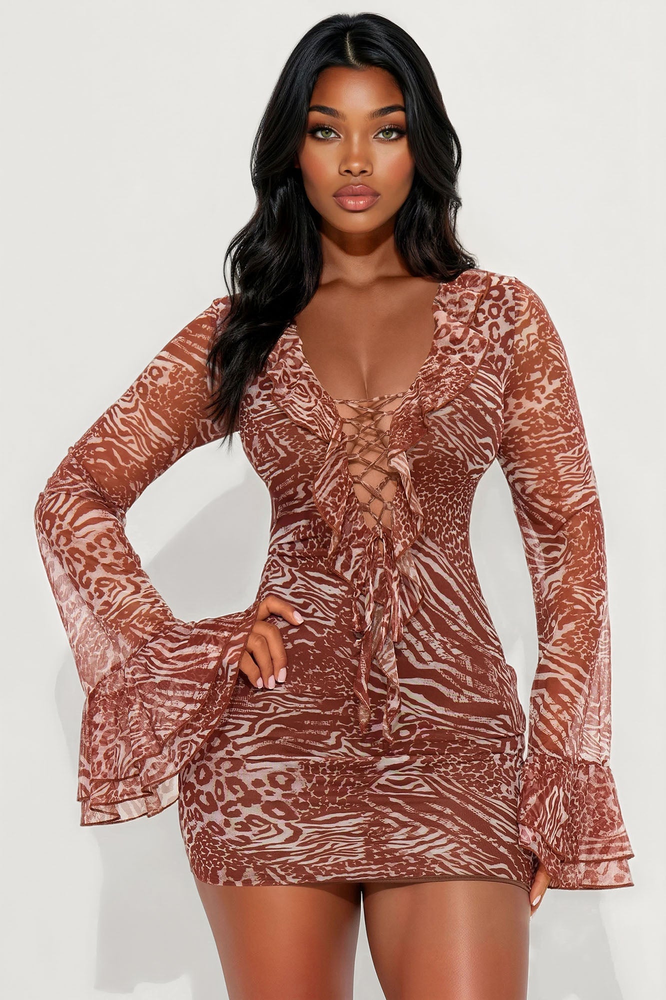 Retreat Ruffle Long Sleeve Mesh Mini Dress - Leopard