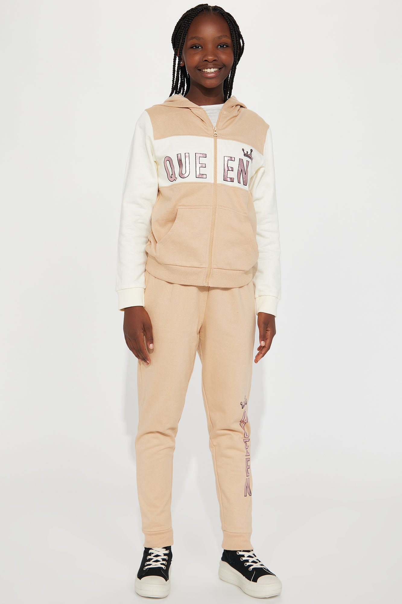 Mini Queen Fleece Jogger Set - Khaki/combo