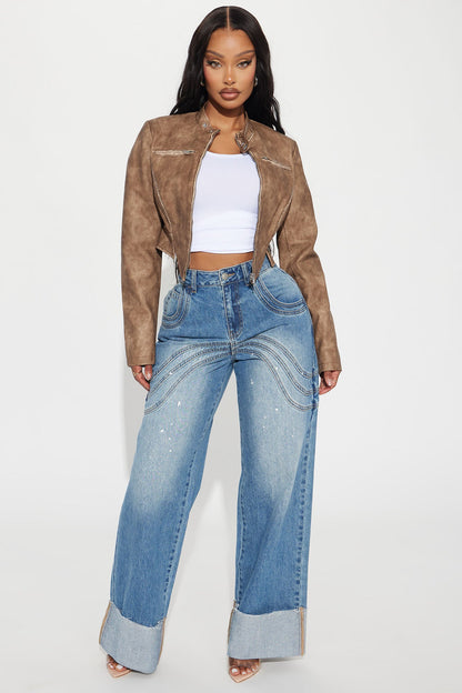 Ines Washed Faux Leather Jacket - Taupe