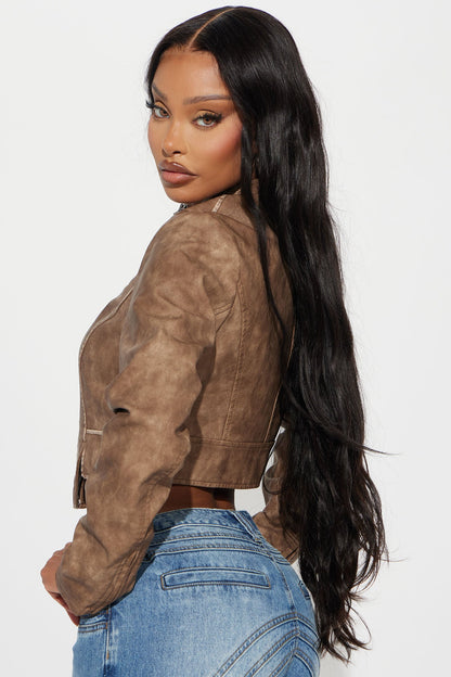 Ines Washed Faux Leather Jacket - Taupe