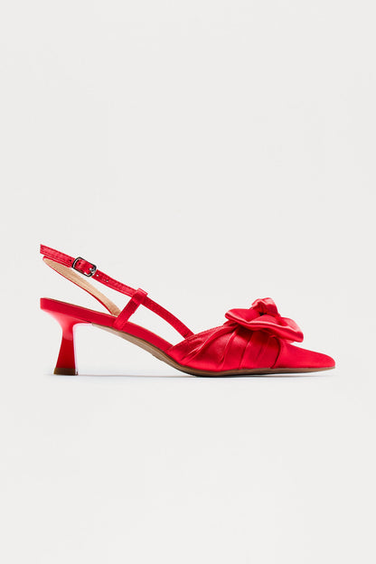 Lura Satin Bow Kitten Heel Pumps - Red