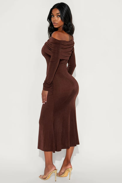 Talk Much Draped Midi Dress - Chocolate