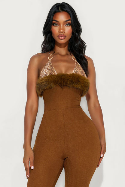Haute Seduction Faux Fur Trim Capri Jumpsuit - Brown/combo