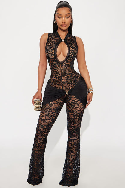 Come Closer Lace Flare Leg Jumpsuit - Black