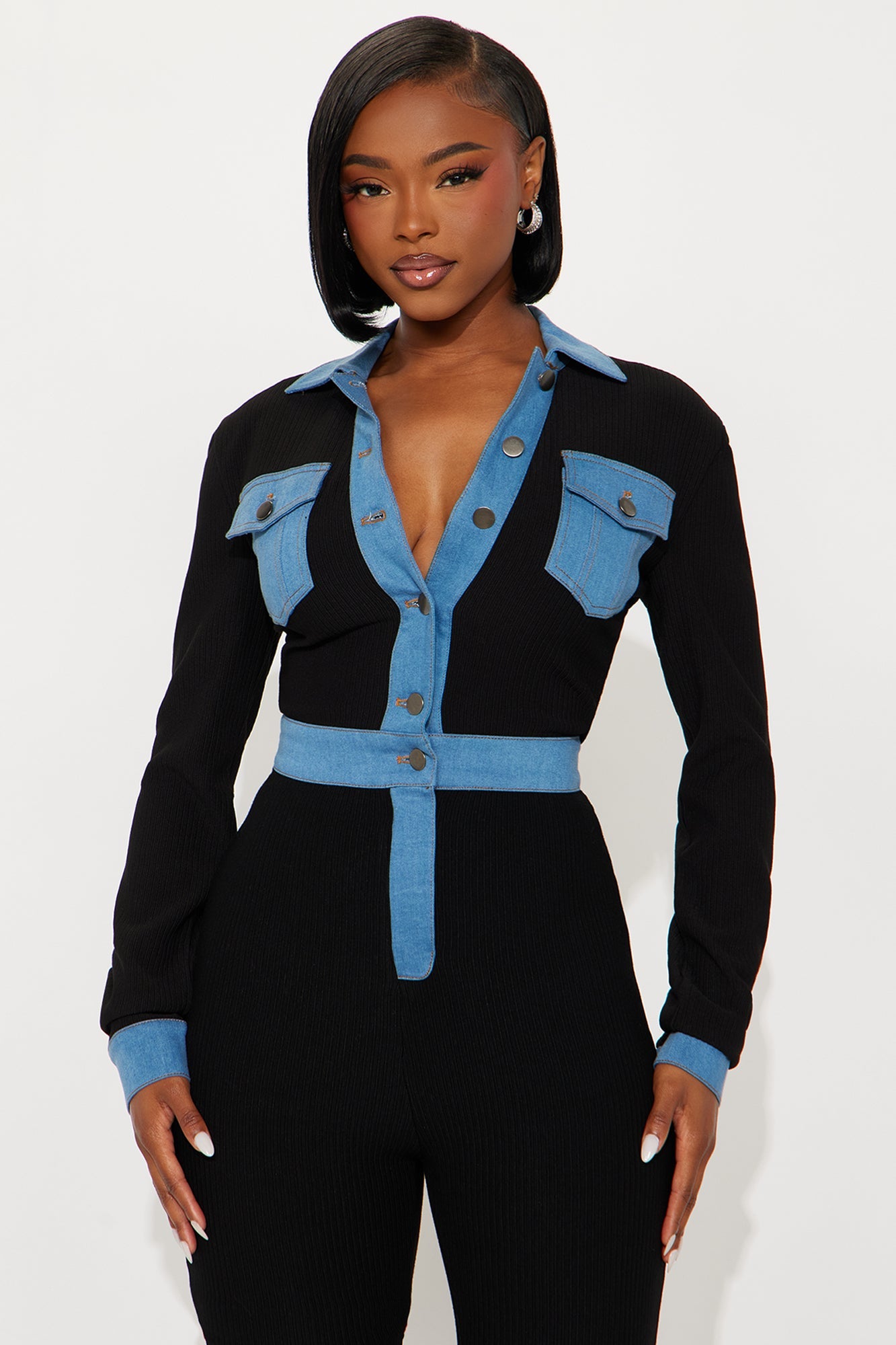 Over You Ribbed Long Sleeve Jumpsuit - Black/Blue