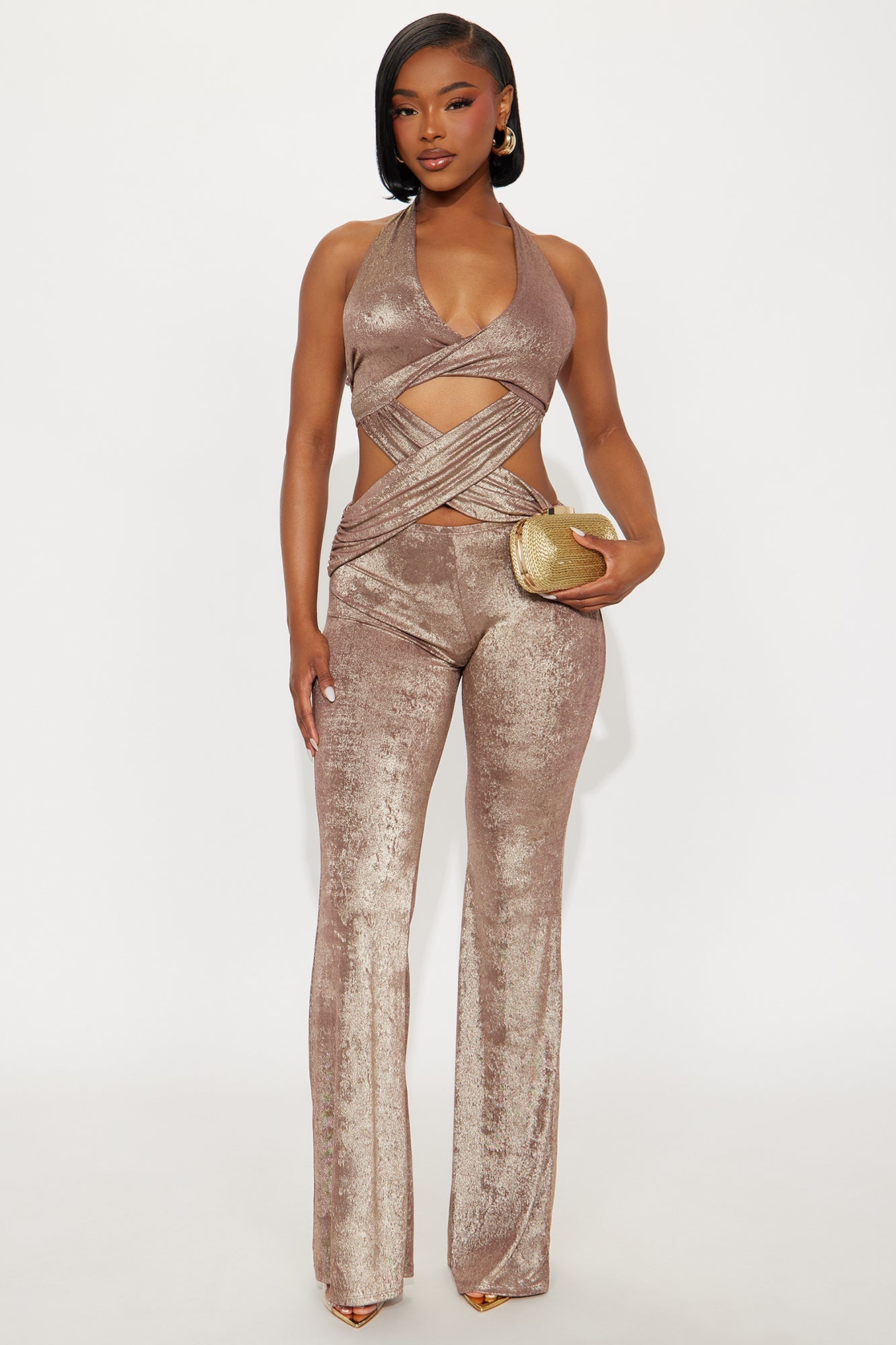 Romie Metallic Halter Jumpsuit - Mauve