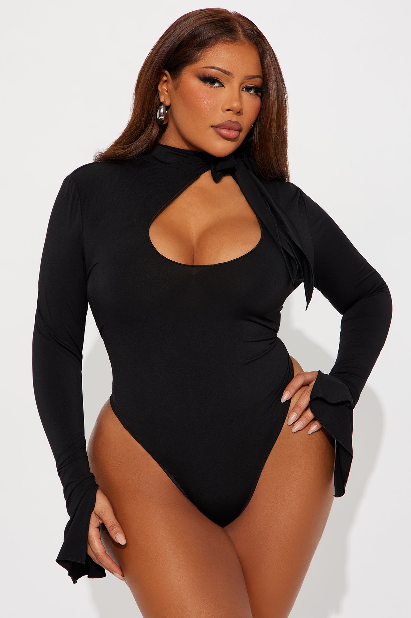 Silent Drama Long Sleeve Mock Neck Bodysuit - Black