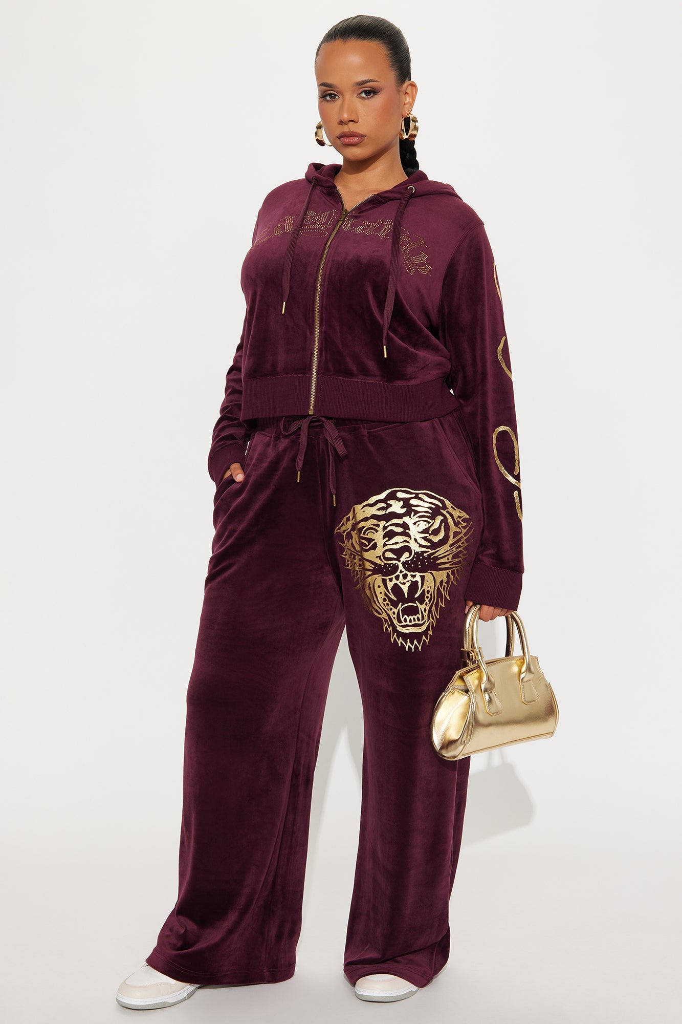 Ed Hardy Gold Tiger Velour Pant Set - Burgundy