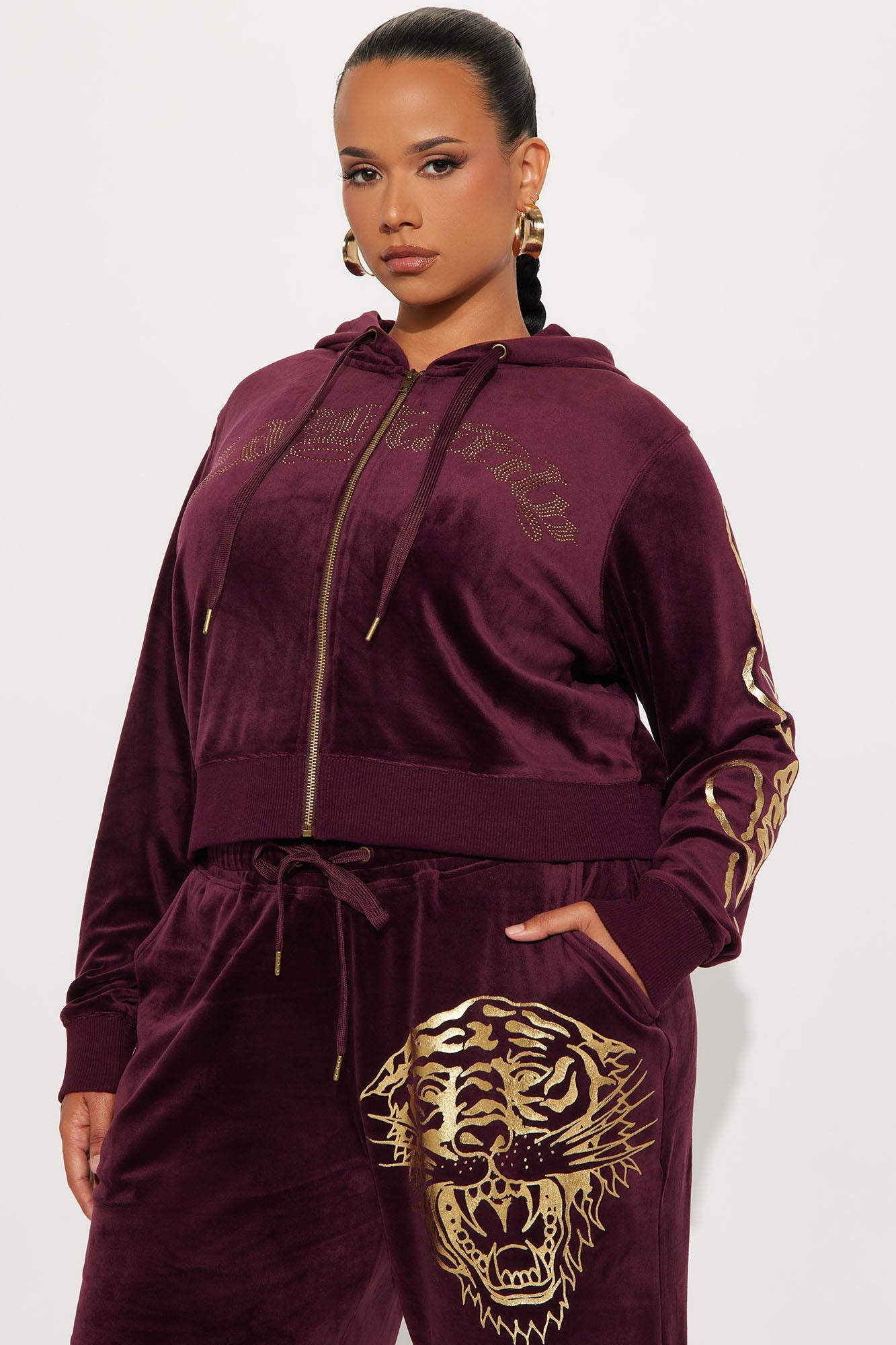 Ed Hardy Gold Tiger Velour Pant Set - Burgundy
