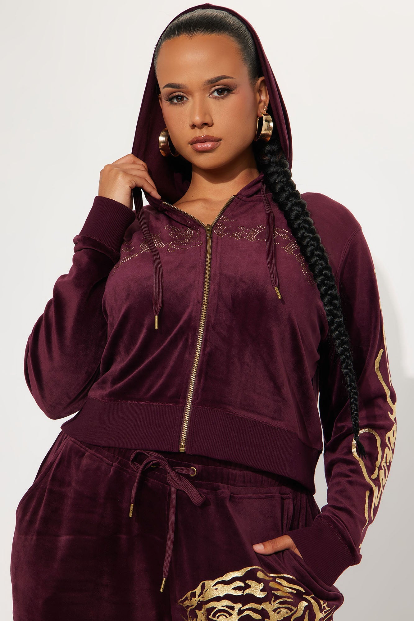 Ed Hardy Gold Tiger Velour Pant Set - Burgundy
