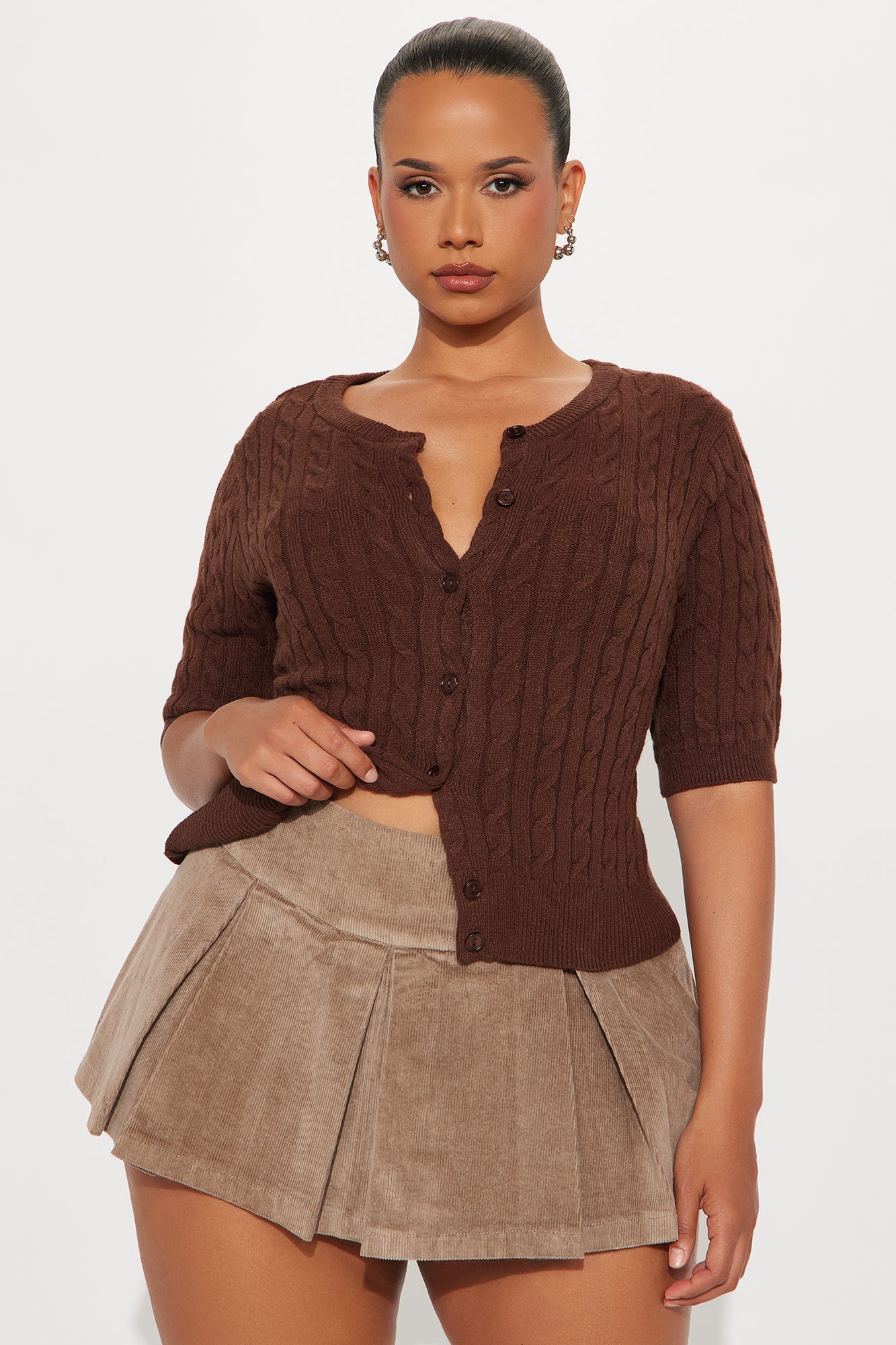 Elowen Short Sleeve Cable Knit Cardigan - Chocolate
