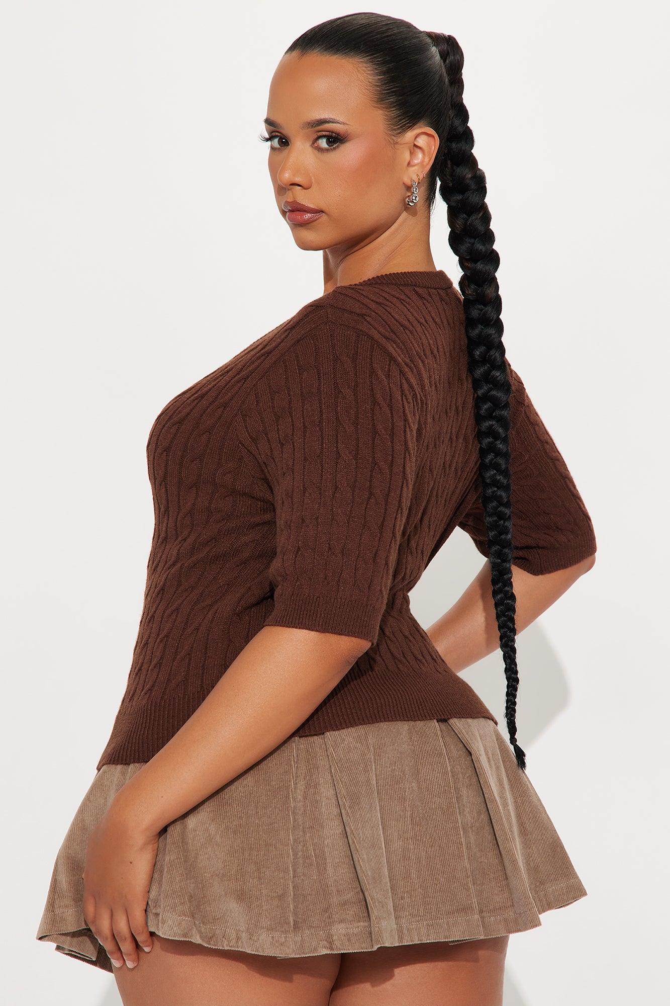 Elowen Short Sleeve Cable Knit Cardigan - Chocolate