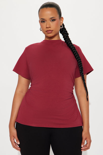 Simply Me Ruched Short Sleeve T-Shirt - Burgundy