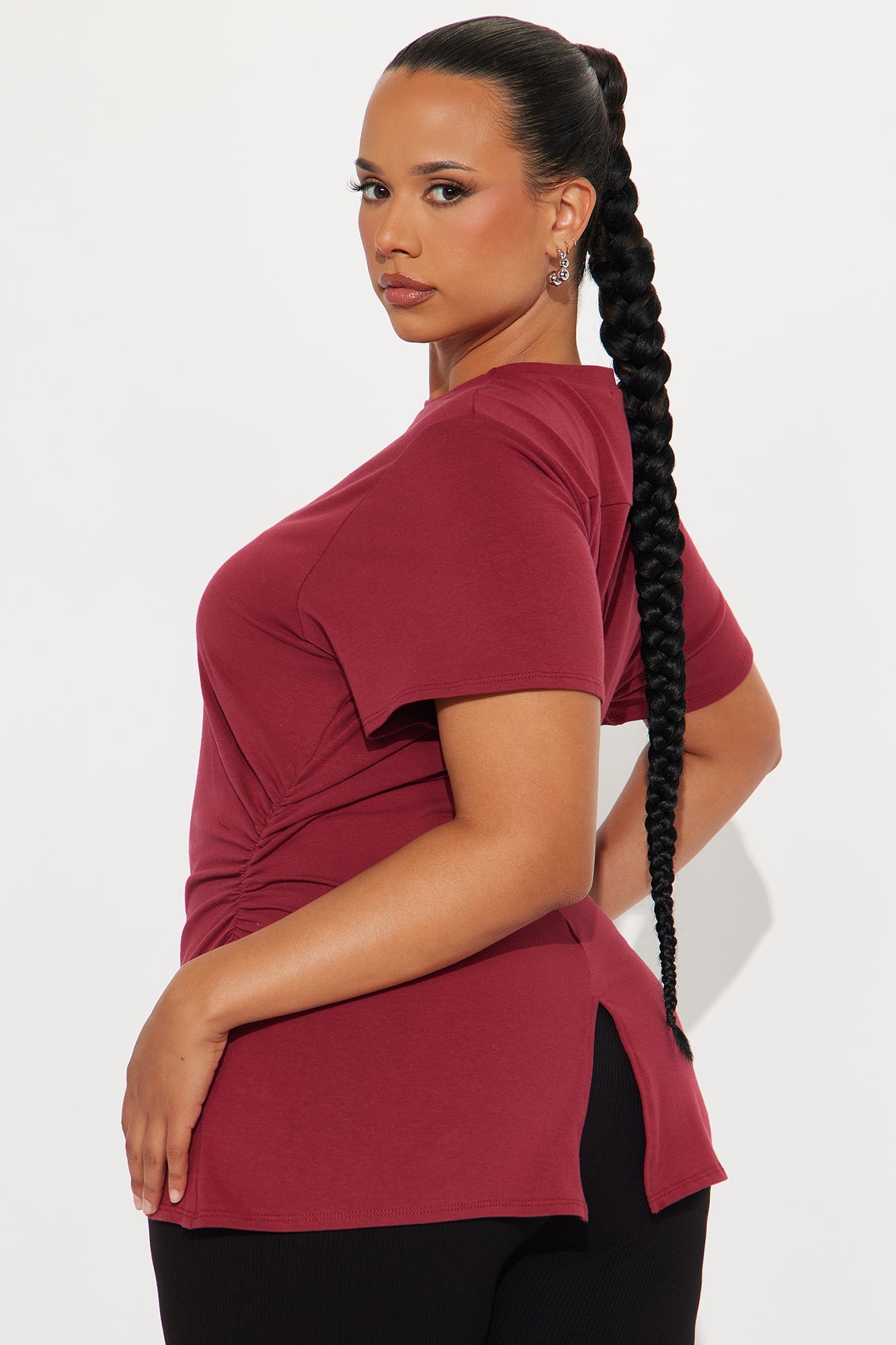 Simply Me Ruched Short Sleeve T-Shirt - Burgundy
