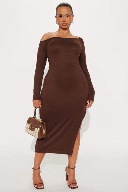 Espresso Please One Shoulder Midi Dress - Brown