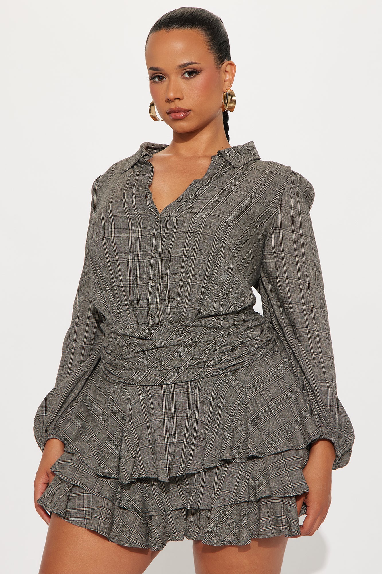 In Session Plaid Long Sleeve Romper - Grey/combo